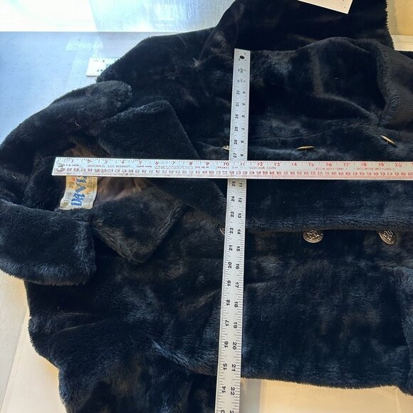 Vintage Womens Black Faux Fur Jacket Fleur de lis Buttons Coat Satin Medium - Picture 3 of 13